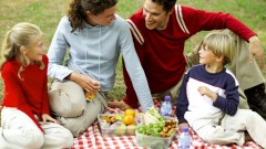 Mother Father Son and Daughter (8-11) Having a Picnic and Chatting --- Image by © Royalty-Free/Corbis